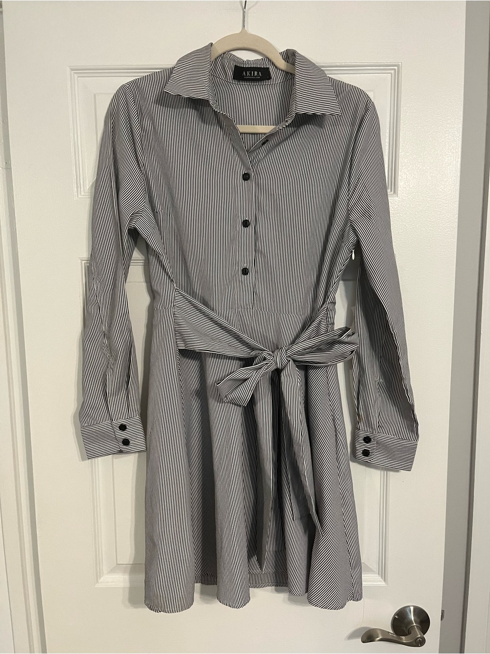 AKIRA Black and White Pinstripe Long Sleeve Shirt Dress with Tie